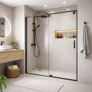 Модерна баня с душ паравн с черна рамка и вграден рафт.