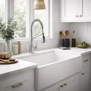 Модерен кухненски смесител с пружинна глава над бяла кухненска мивка и аксесоари за кухня на плота